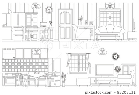 Interior line drawing vector illustration. Kitchen. Living room. Dining room. 83205131