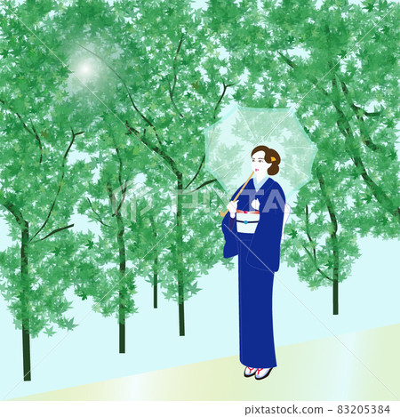 一個穿著和服拿著遮陽傘的女人的插圖 83205384