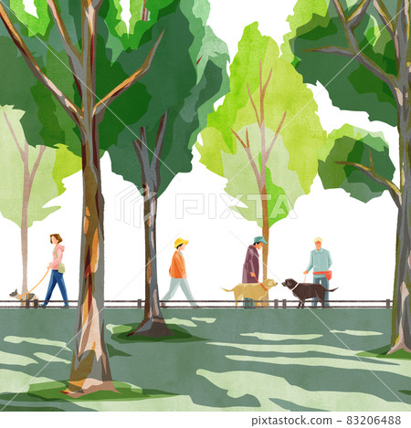 Handwritten watercolor style illustration of a park with sunlight through the trees 83206488