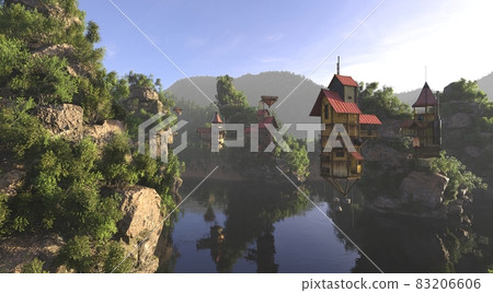 Amazing fantasy flying village 3d illustration and overgrown rocks 83206606