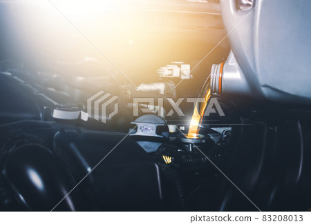 Mechanic pouring oil lubricant into the car engine for vehicle maintenance 83208013