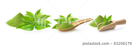 green tea leaf and matcha green tea powde on white background green tea leaf and matcha green tea powde on white background 83208179