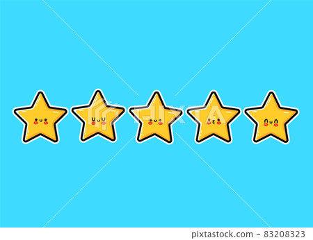Happy cute smiling funny 5 stars. Vector flat cartoon character illustration icon design. Cute kawaii character, five stars customer product rating review concept 83208323