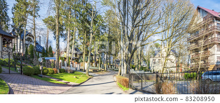 Wide panorama of Gorky Street with cottages in the resort town of Svetlogorsk 83208950