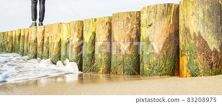 A man standing on a wooden breakwater on a sandy seashore, close-up 83208975