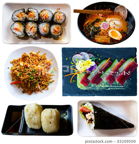 Tasty different dishes of japanese cuisine served at plates Tasty different dishes of japanese cuisine served at plates 83209509