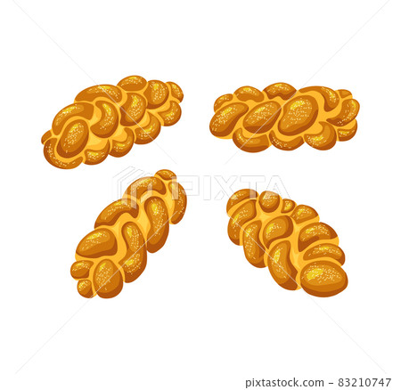 Challah, saturday bread on a white isolated background. Holiday jewish braided loaf . Vector cartoon illustration of food. 83210747