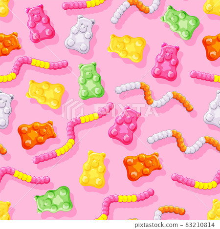 Colorful sweet gummy bears and worms seamless pattern. Healthy sweets, jelly vitamins. Vector cartoon illustration. 83210814