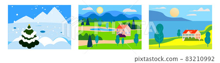 Set of seasons landscapes winter, spring, summer. Rural, mountaines, field, sea, snow. Vector minimalistic flat illustration Set of seasons landscapes winter, spring, summer. Rural, mountaines, field, sea, snow. Vector minimalistic flat illustration 83210992
