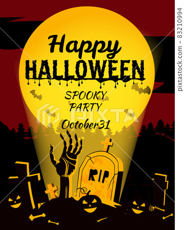Retro poster Happy Halloween poster, night cemetery, zombie hand crawls out against, background of the full moon . Vector illustration cartoon style banner Retro poster Happy Halloween poster, night cemetery, zombie hand crawls out against, background of the full moon . Vector illustration cartoon style banner 83210994
