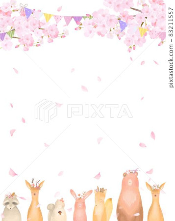 Spring Scandinavian cute frame illustration vector material with forest animals under the cherry blossoms in full bloom 83211557