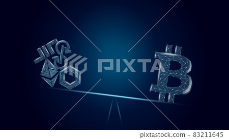 Vector illustration concept Bitcoin advantages over altcoins on a dark blue background. BTC on the scales outweighs a bunch of different coins. Wireframe Bitcoin symbol. 83211645