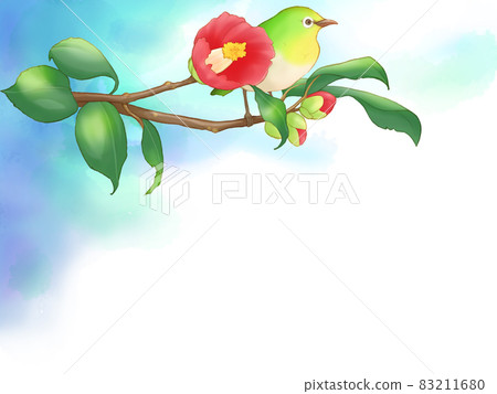 Camellia branch and Japanese white-eye spring frame (sky blue background) 83211680