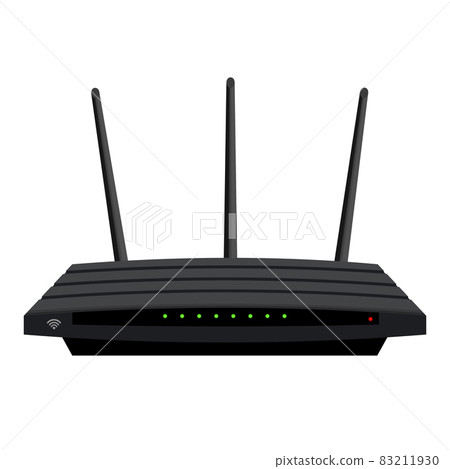 Realistic Wi-Fi router with three antennas isolated on white. Green LEDs on the black case. Device for wireless distribution of the Internet. Vector EPS 10. 83211930