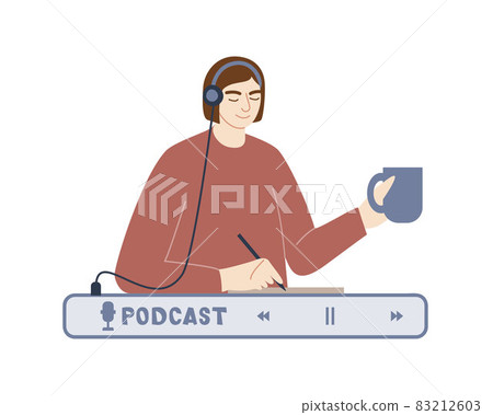A young girl in headphones listens to a podcast, learns, makes records and holds a mug in her hand. Webinar, online training, tutorial podcast concept. Vector illustration in flat style. A young girl in headphones listens to a podcast, learns, makes records and holds a mug in her hand. Webinar, online training, tutorial podcast concept. Vector illustration in flat style. 83212603