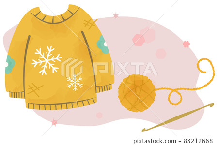 紗線、鉤針和黃色冬季毛衣 紗線、鉤針和黃色冬季毛衣 83212668