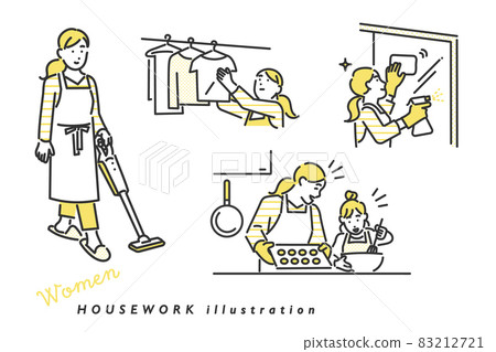 Image illustration material of a housewife woman who does various daily chores Image illustration material of a housewife woman who does various daily chores 83212721