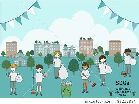 Illustration of children and cityscape picking up and cleaning garbage (image of SDGs) 83212884