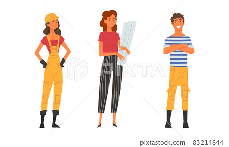 Young Male and Female Architect and Engineer Worker in Overall and Hard Hat Standing with Draft and Blueprint Vector Set 83214844
