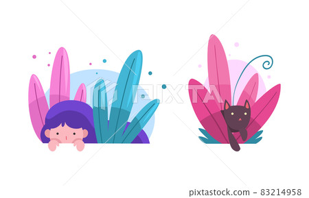 Cute Girl and Cat Hiding in Fairy Bush Vector Set Cute Girl and Cat Hiding in Fairy Bush Vector Set 83214958