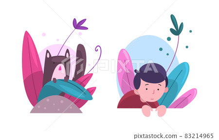 Cute Boy and Cat Hiding in Fairy Bush Vector Set Cute Boy and Cat Hiding in Fairy Bush Vector Set 83214965