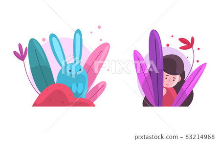Cute Girl and Bunny Hiding in Fairy Bush Vector Set Cute Girl and Bunny Hiding in Fairy Bush Vector Set 83214968