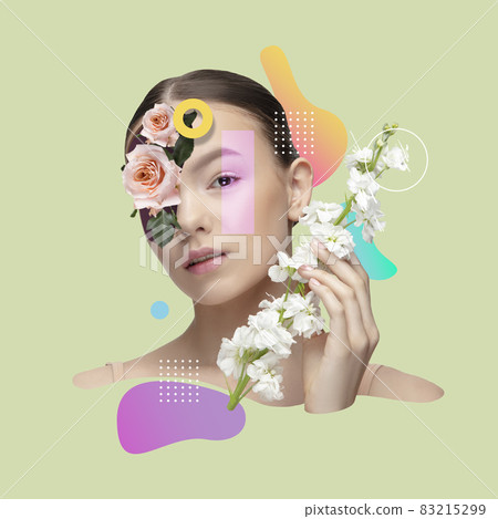 Contemporary art collage of beautiful girl with tender flowers and colorful splashes isolated over pastel background 83215299