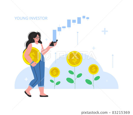 A young girl is sitting on coins and watches the exchange rate go up.Modern flat vector illustration 83215369