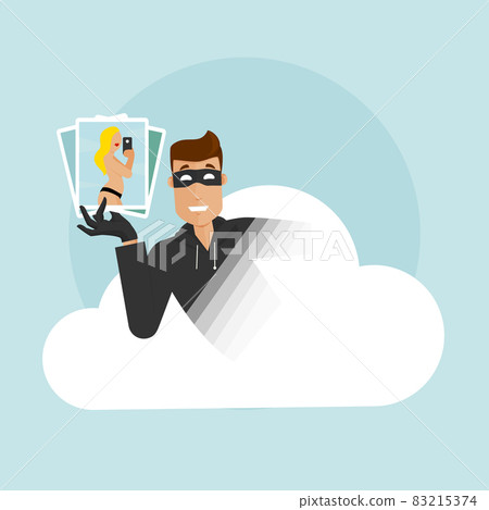 The thief peeks out of the compromised cloud storage, holding personal data and private photos. The thief peeks out of the compromised cloud storage, holding personal data and private photos. 83215374