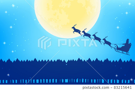 Santa Claus flying in the sky with a reindeer sleigh, silhouette background of full moon and fir trees 83215641