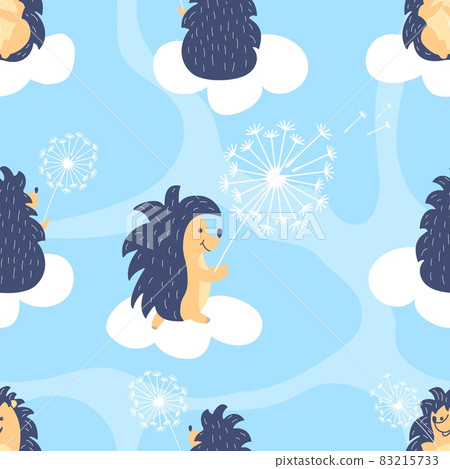 Seamless kids pattern with hedgehog and flying dandelion on sky clouds. Seamless kids pattern with hedgehog and flying dandelion on sky clouds. 83215733