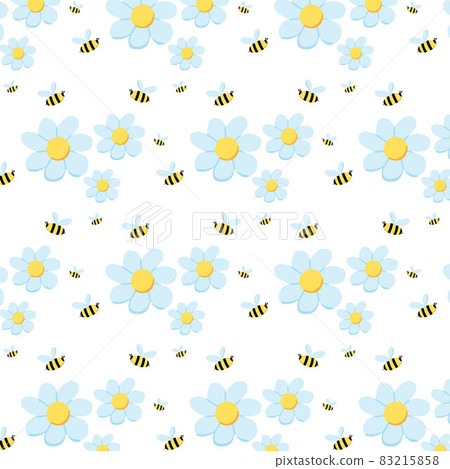 Hand-drawn seamless pattern with flowers and bees. Delicate pattern with daisies. 83215858