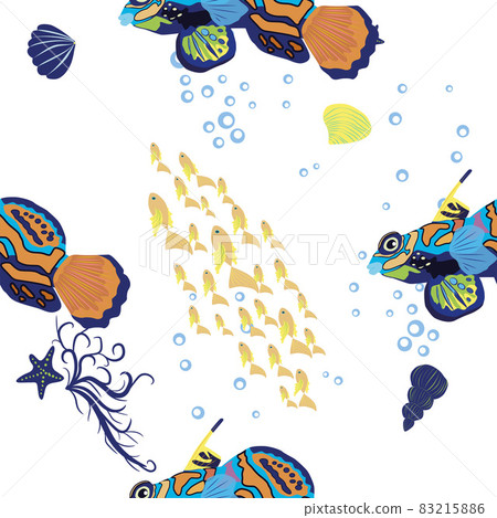 Mandarin fish seamless patterns. beautiful character among seashells, seaweed, starfish, sea animal wildlife character. Nature underwater, marine wild ocean zoo fish Mandarin fish seamless patterns. beautiful character among seashells, seaweed, starfish, sea animal wildlife character. Nature underwater, marine wild ocean zoo fish 83215886