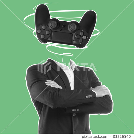 Modern design, contemporary art collage. Inspiration, idea, trendy urban magazine style. Man in business suit with game joystick instead head 83216540