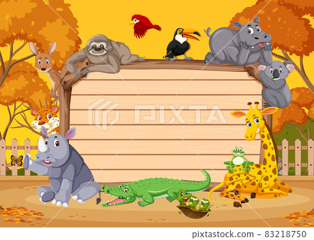 Empty wooden board with various wild animals in the forest Empty wooden board with various wild animals in the forest 83218750