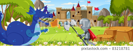 Knights fight with dragon at the castle - Stock Illustration [83218781 ...