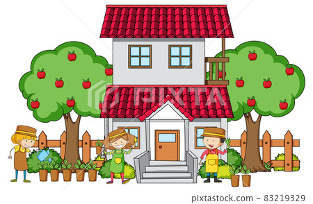 Front view of a house with many kids on white background Front view of a house with many kids on white background 83219329