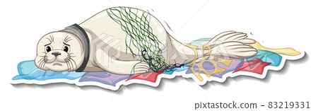 Seal stuck with plastic waste on white background 83219331