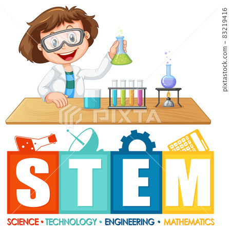 Scientist girl cartoon character with STEM font logo 83219416