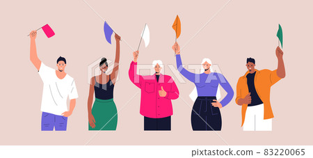 Group of happy young people with flags in their hands. Students are activists and volunteers of different ethnic groups. The concept of voting, training, education. Vector illustration. Eps 10. Group of happy young people with flags in their hands. Students are activists and volunteers of different ethnic groups. The concept of voting, training, education. Vector illustration. Eps 10. 83220065