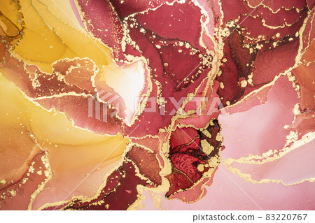 Abstract fluid art painting background in alcohol ink technique, mixture of pink, red and yellow paints with golden veins. 83220767