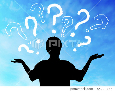 A lot of male silhouettes standing with both hands up? _ Blue sky background 83220772