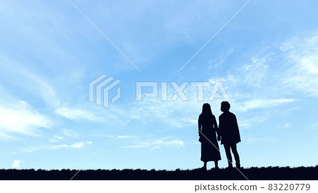Young couple silhouette holding hands _ blue sky background 83220779