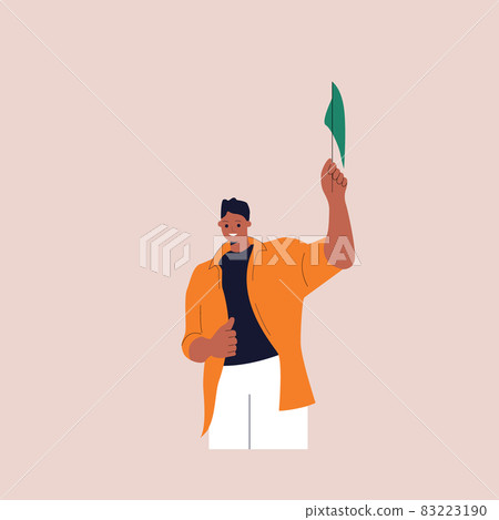 Young black male cartoon character with flag in his hands. Activists and volunteers. The concept of voting, training, education. Vector illustration. Eps 10. Young black male cartoon character with flag in his hands. Activists and volunteers. The concept of voting, training, education. Vector illustration. Eps 10. 83223190