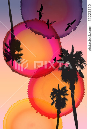 Abstract poster of alcohol ink stains and tree silhouettes. Soft gradients of pinks and yellow sky. Day and night, lifetime, change of seasons. Vacation vibe. Abstract poster of alcohol ink stains and tree silhouettes. Soft gradients of pinks and yellow sky. Day and night, lifetime, change of seasons. Vacation vibe. 83223320