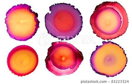 Abstract poster of alcohol ink stains and tree silhouettes. Soft gradients of pinks and yellow sky. Day and night, lifetime, change of seasons. Vacation vibe. Abstract poster of alcohol ink stains and tree silhouettes. Soft gradients of pinks and yellow sky. Day and night, lifetime, change of seasons. Vacation vibe. 83223324