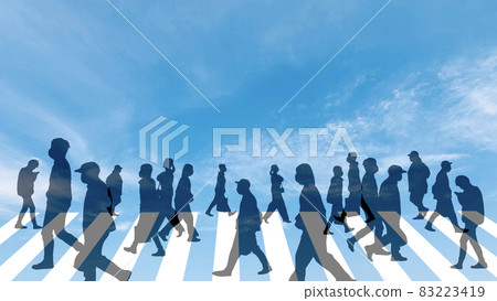 Silhouette of people walking on the pedestrian crossing_blue sky background 83223419