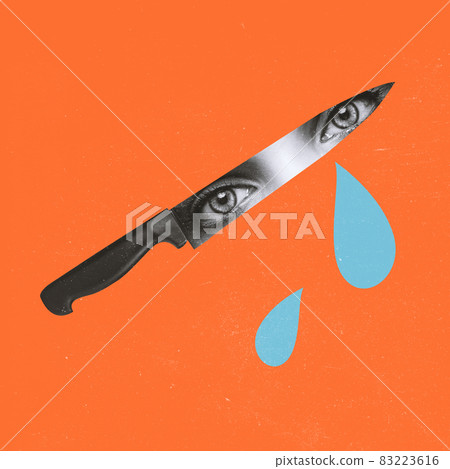 Contemporary art collage of knife with female eyes and teardrops falling isolated over orange background 83223616