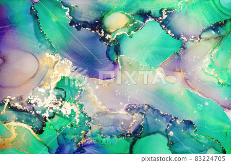 Luxury abstract fluid art painting in alcohol ink technique, mixture of green, purple and gold paints. Luxury abstract fluid art painting in alcohol ink technique, mixture of green, purple and gold paints. 83224705