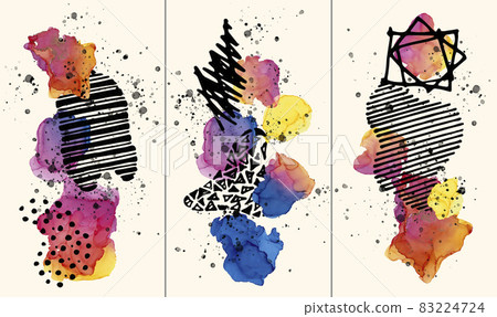 Abstract art background with colorful gradient alcohol ink elements and geometric forms. Set of three art poster design. Abstract art background with colorful gradient alcohol ink elements and geometric forms. Set of three art poster design. 83224724